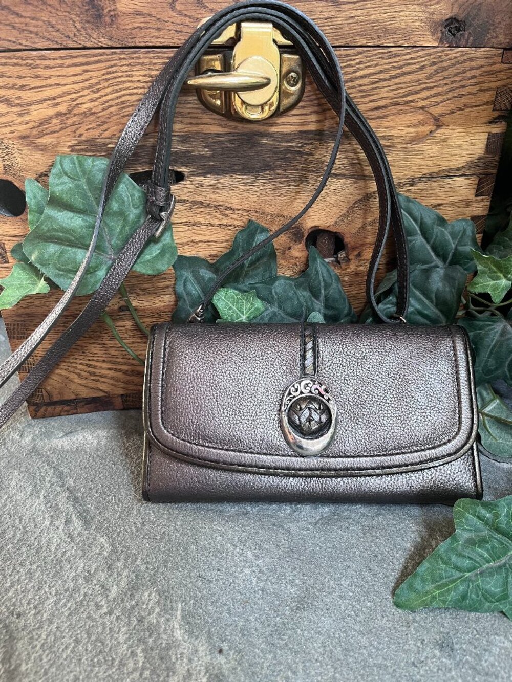 Brighton Crossbody Wallet Organizer Pebbled Metallic Leather Pewter Small Purse